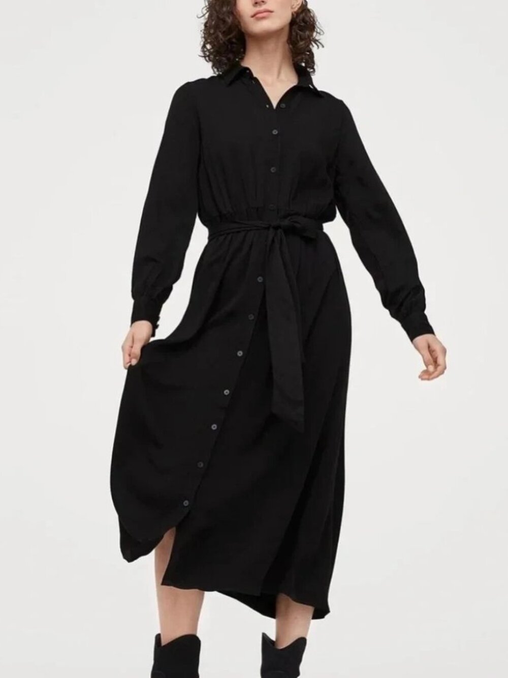 H&M Black Maxi Shirt Dress With Belt Long Sleeve Full Open Buttons Size XL NWT